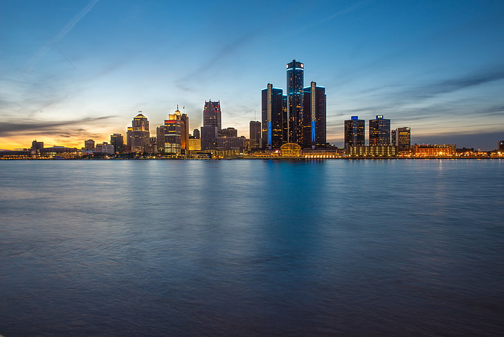 body of water surround by buildings, skyline, evening, Detroit