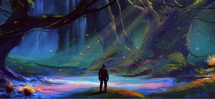 person standing in front of lake painting, artwork, fantasy art
