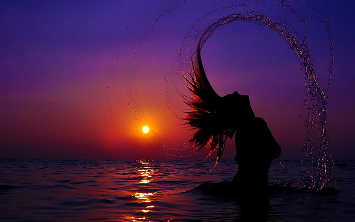 Sunset Freedom, movement, wet hair, girl, 3d and abstract