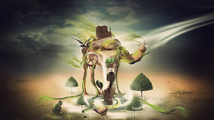 brown and green camel illustration, camels, surreal, wheels, smoke, HD wallpaper