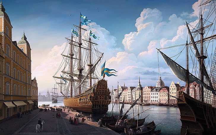 brown galleon ship, sailing ship, sea, painting, artwork, dock