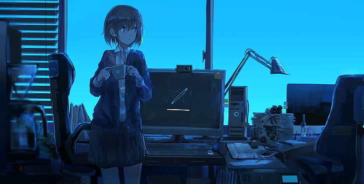 anime girls, office, blue, cup, HD wallpaper