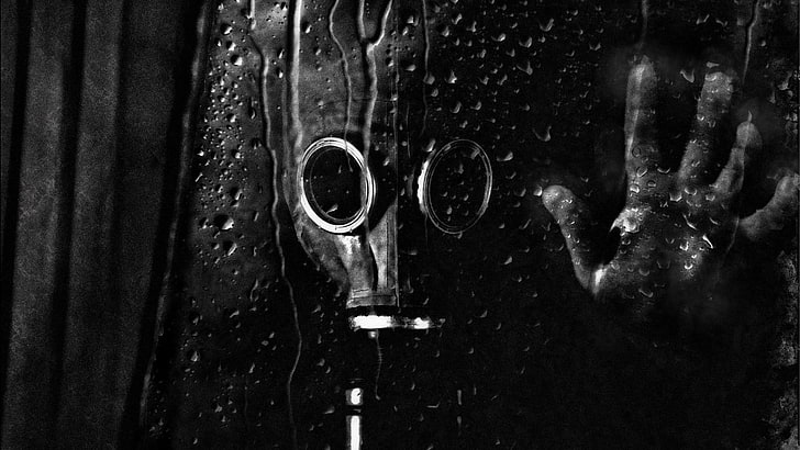 black gas mask, gas masks, water drops, monochrome, close-up