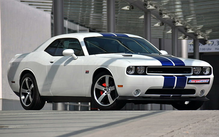 2011 Dodge Challenger SRT8, white and blue coupe, cars, HD wallpaper