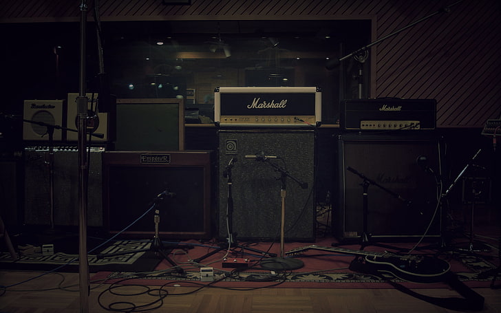 two black Marshall guitar amplifiers, instruments, microphones, HD wallpaper