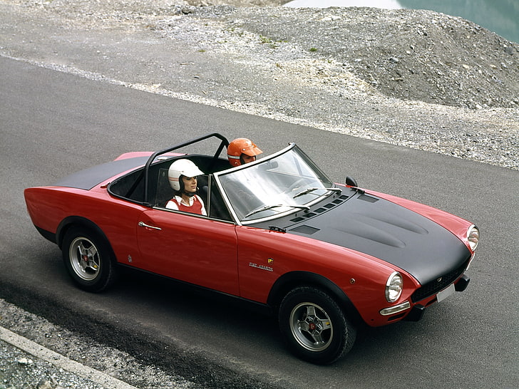 red and black convertible coupe, abarth, fiat 124, spider, side view