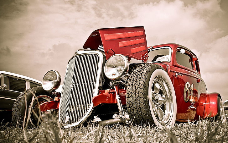 classic red vehicle, old car, Roadster, tuning, mode of transportation, HD wallpaper