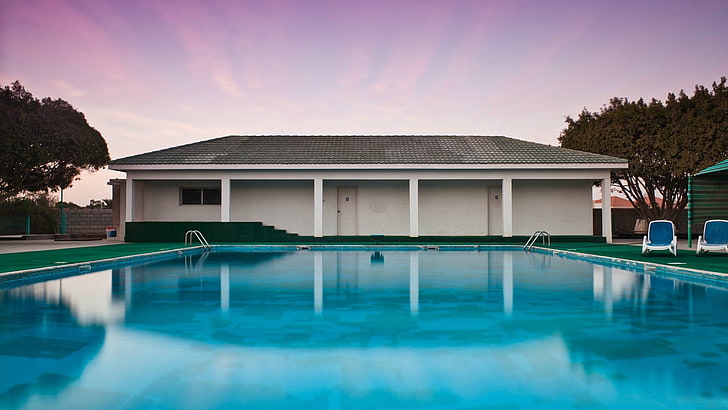 swimming pool, house, trees, purple sky, backyard, architecture, HD wallpaper