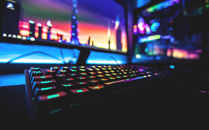 Colorful, computer, Keyboards, neon, PC Gaming, HD wallpaper