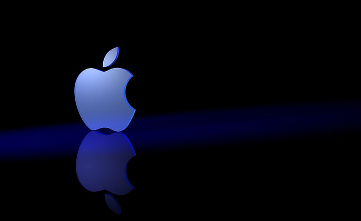Brand, Apple Logo, Computers, Mac, Blue, Black, Reflection, black background, HD wallpaper
