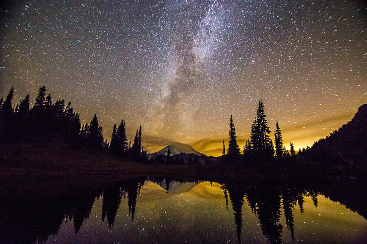 Mountains, Mount Rainier, Lake, Milky Way, Nature, Night, Reflection