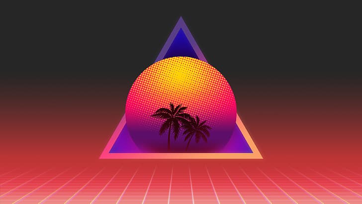 synthwave, OutRun, vaporwave, Retrowave, sunset, palm trees