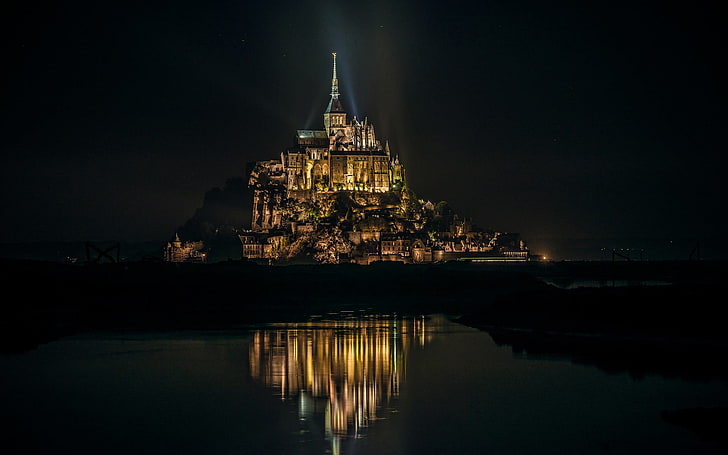 Mont Saint-Michel, island, night, France, city lights, Abbey, HD wallpaper