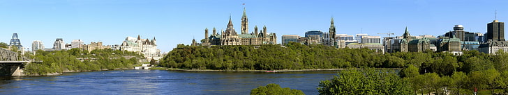 green leafed tree, Canada, North America, city, cathedral, river