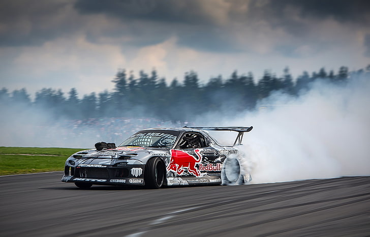 black and red coupe, road, race, smoke, skid, drift, Mazda, track
