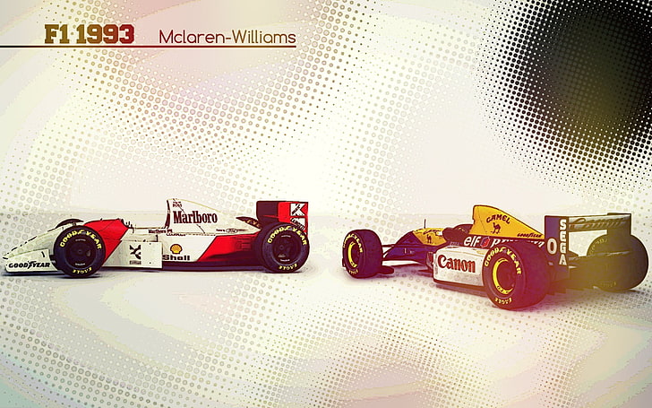 two white Canon and Marlboro F1's, vintage, old car, pop art, HD wallpaper