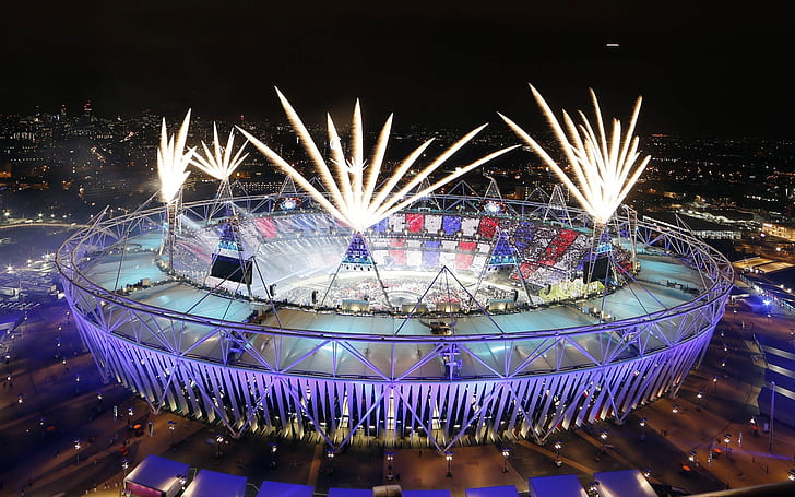 London 2012 Olympics Stadium, fireworks, athletes, ceremony, competition