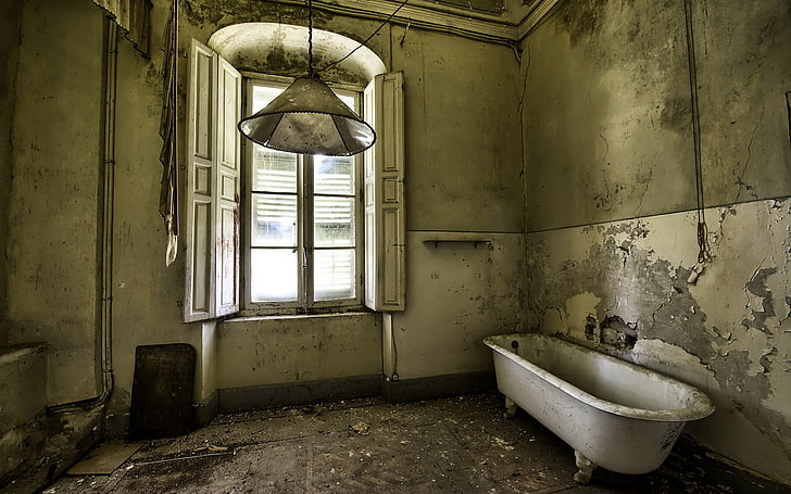 white ceramic bathtub, room, interior, abandoned, indoors, window