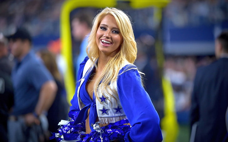 women's blue jacket, cheerleaders, Dallas Cowboys, NFL, blonde, HD wallpaper