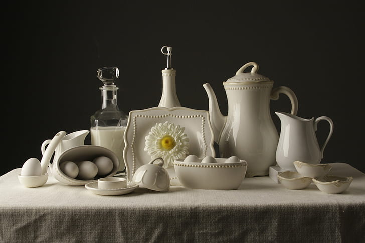 white ceramic dinnerwares, white on white, still life, studio, HD wallpaper