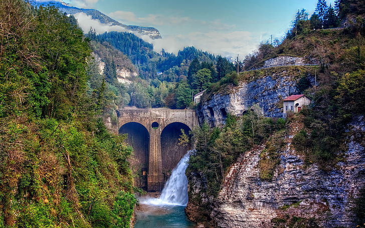 Mountain, forest, river, waterfall, HD wallpaper