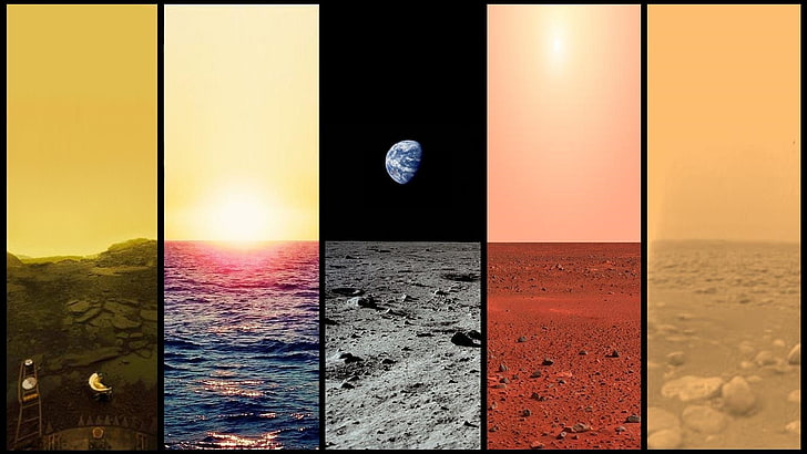 planet surfaces collage, Moon, digital art, sky, water, sea, sunset