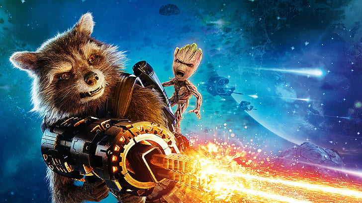 Guardians of the Galaxy Vol. 2, Baby Groot, Rocket, gun, best movies, HD wallpaper