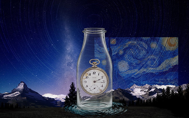 Vincent van Gogh, time in a bottle, pocketwatches, clock, star - space