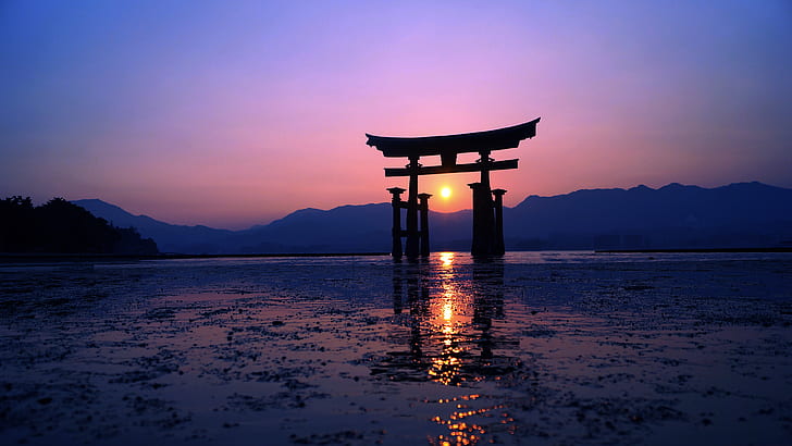sunset, evening, purple, torii, sunlight, mountains, photography, HD wallpaper