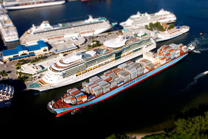 white cruise ship, Water, Sea, Port, Pier, The ship, Tilt-Shift