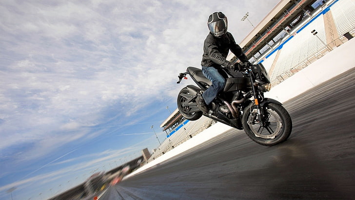 black sports bike, motorcycle, stunts, men, biker, bikes, transportation