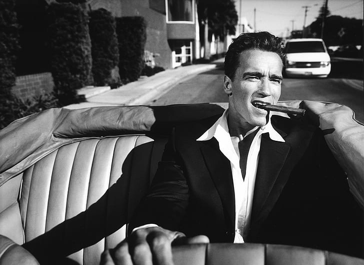 monochrome, cigars, men, Arnold Schwarzenegger, celebrity, HD wallpaper