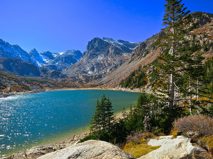nature, landscape, mountains, lake, trees, snowy peak, Colorado, HD wallpaper