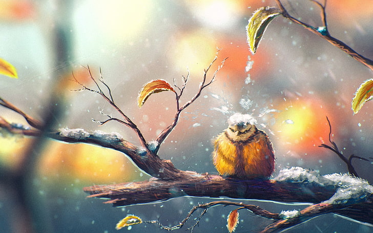 brown bird, birds, artwork, snow, branch, titmouse, animal themes, HD wallpaper