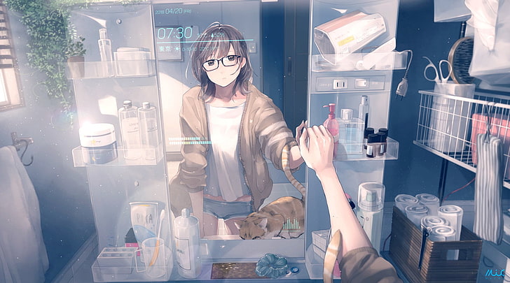 Anime, Original, Bathroom, Brown Eyes, Brown Hair, Cat, Girl, HD wallpaper