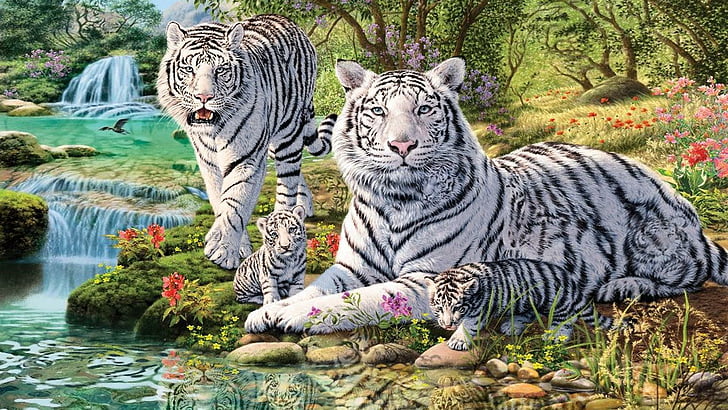 white tiger, cubs, jungle, waterfall, art, tigers, HD wallpaper