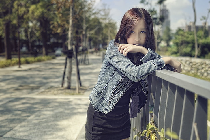 Asian, women, standing, brunette, outdoors, jeans, one person