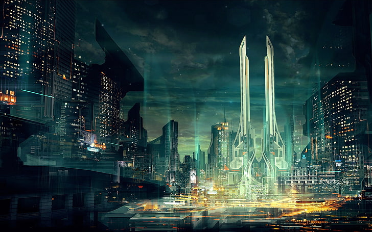 sci-fi, skyscrapers, futuristic city, artwork, buildings, Fantasy