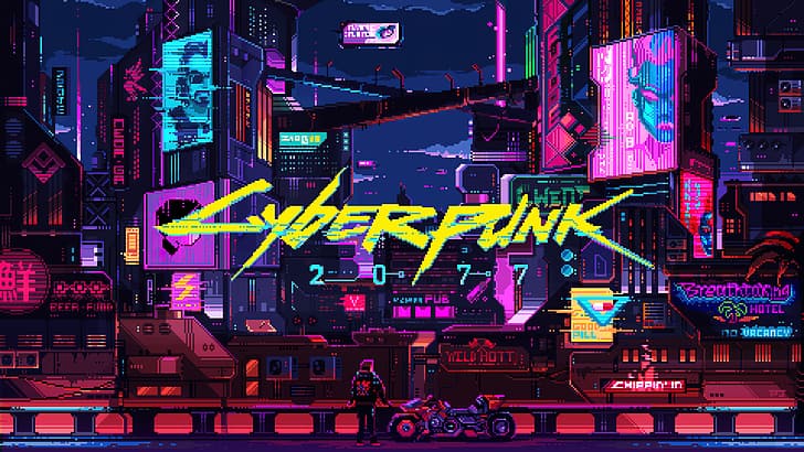 Cyberpunk 2077, city, cityscape, pixel art, artwork, illustration