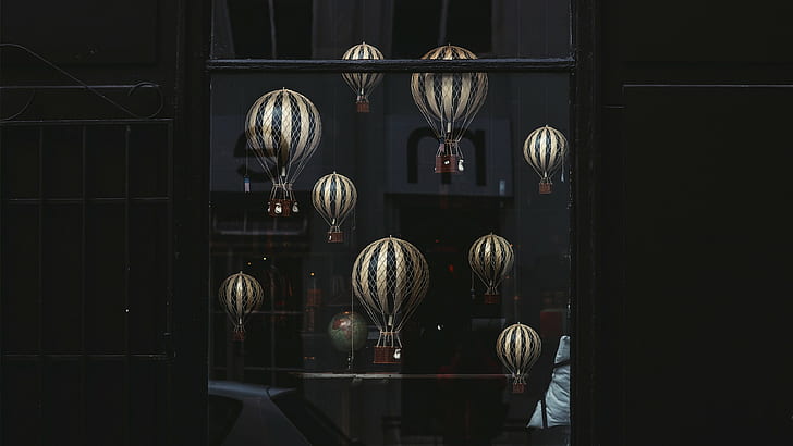 hot air balloons, window, globes