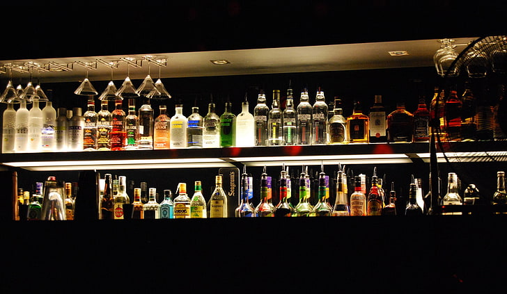 assorted liquor bottles on shelf, beer, vodka, alcohol, container