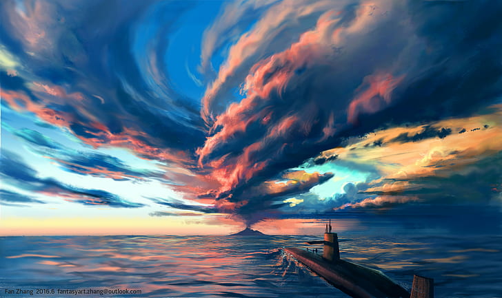digital art, artwork, sea, submarine, clouds, sky, mountains