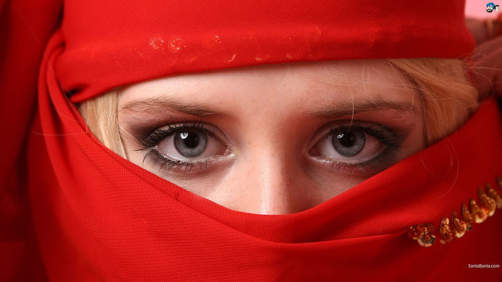 women, blue eyes, blonde, portrait, scarf, headdress, veils