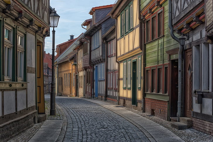 road, street, home, pavers, Germany, lantern, Saxony-Anhalt, HD wallpaper
