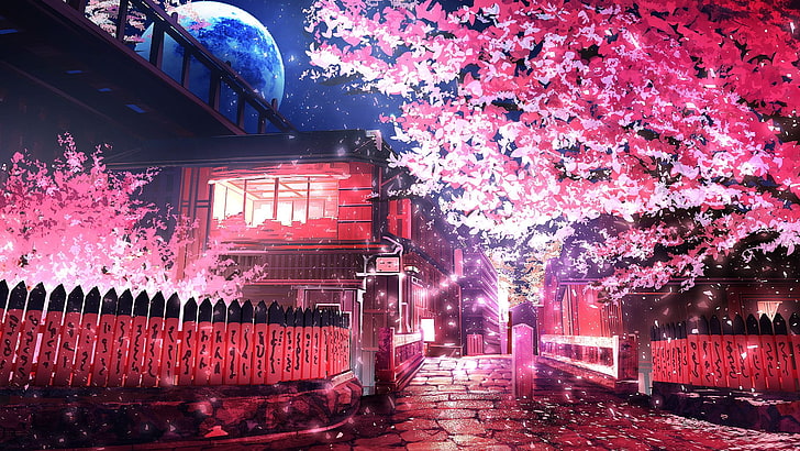 pink leafed tree, anime, sakura (tree), road, built structure HD wallpaper
