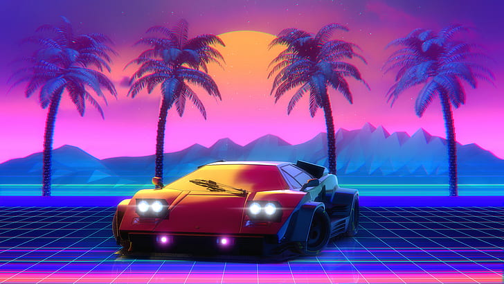 car, Lamborghini Countach, palm trees