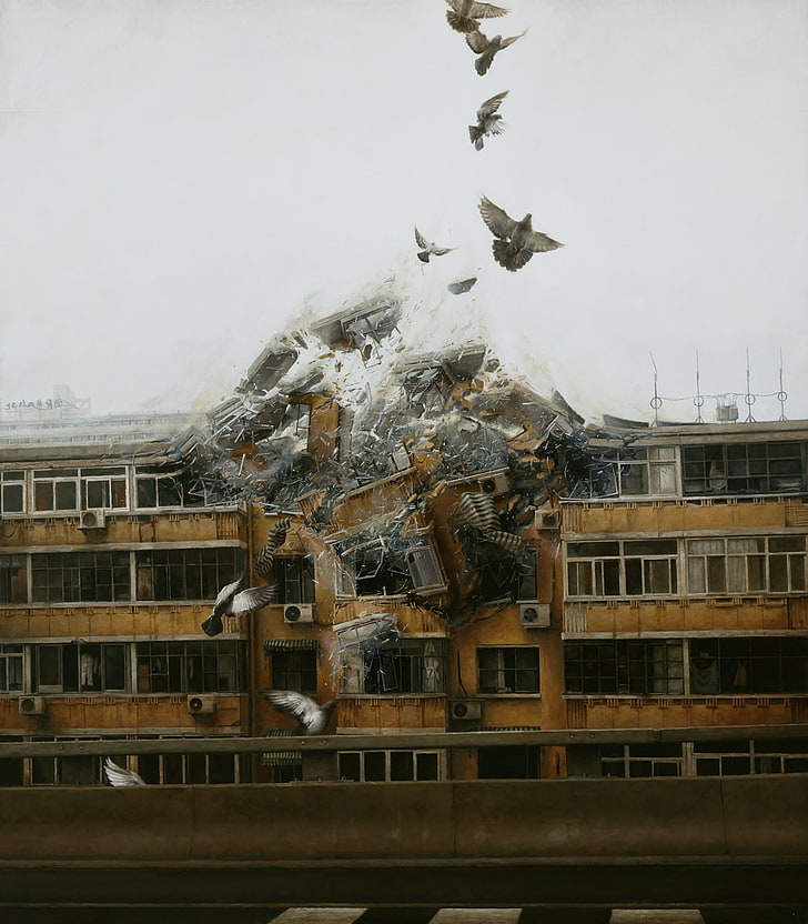 brown concrete buildings and gray birds, artwork, science fiction