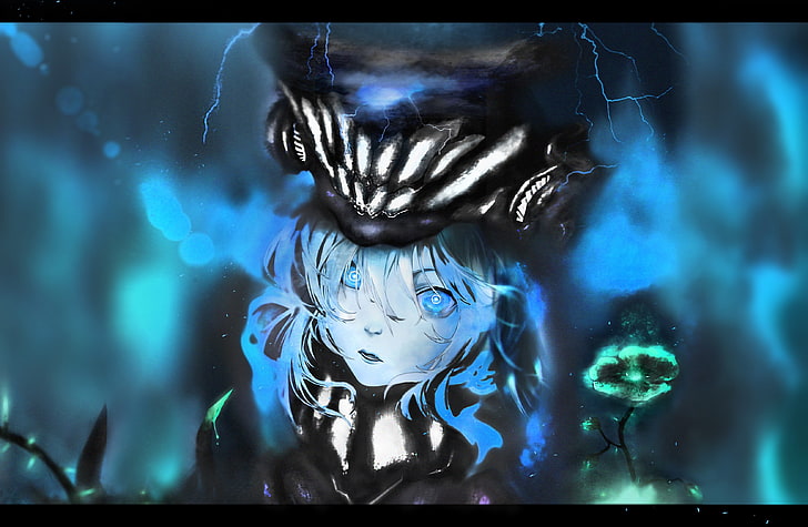bones, lightning, Cosmos (flower), blue eyes, blurred, magic