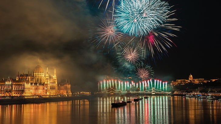 hungary, budapest, danube, river, danube river, fireworks, chain bridge, HD wallpaper