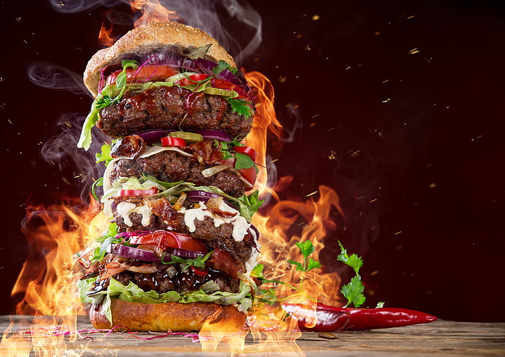 burger, smoke, red pepper, fast food, meat, heat - temperature, HD wallpaper